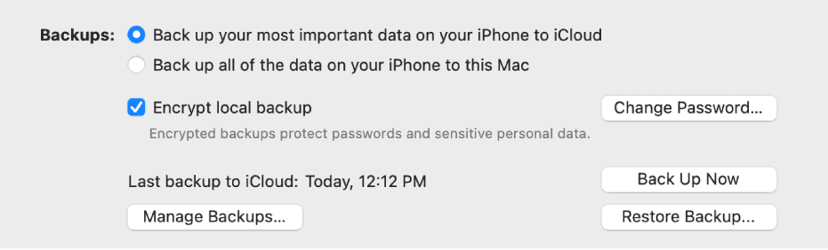 Backup options on Finder Mac
