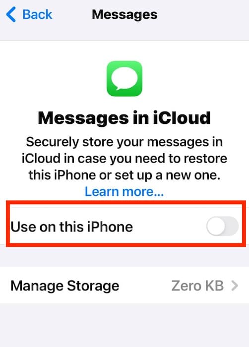 Toggle Button for Messages in iCloud Use on this iPhone
